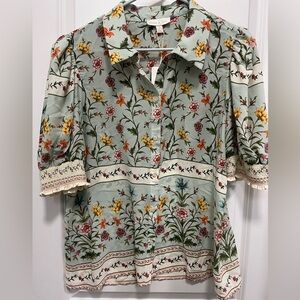 Alex And Lili Floral Puff Sleeve Short Sleeve Blouse Size Large NWT